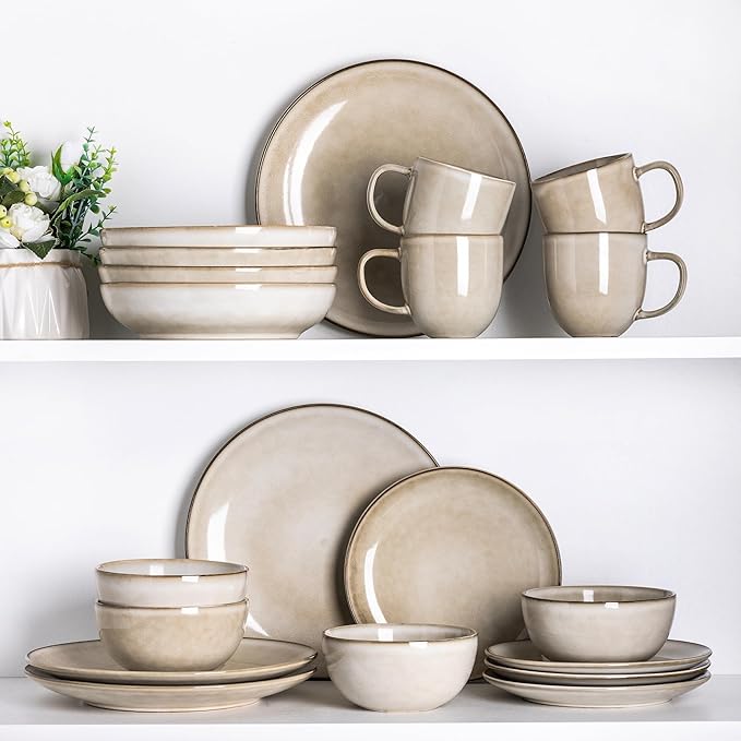 AmorArc Stoneware Dinnerware Sets for 8, 24 Pieces Handpainted Ceramic Plates and Bowls Set, Scratch Resistant Dishes Set, Dishwasher & Microwave Safe, Cappuccino