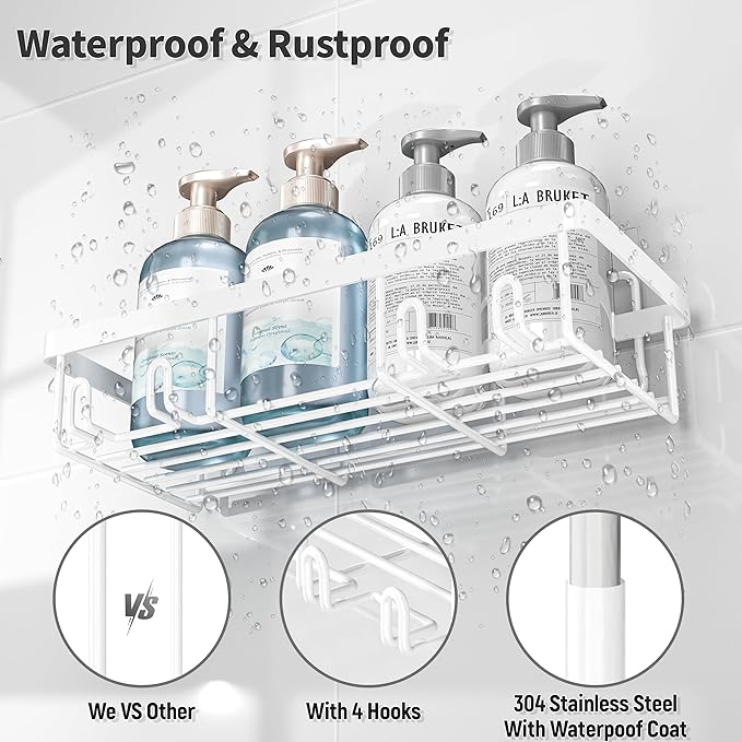 10 Pack Shower Caddy Organizer Rack Shelf for Inside Shower, Self Adhesive Wall Storage Basket Rustproof Stainless Steel Shampoo Holder Bathroom Accessory Decor Set, White