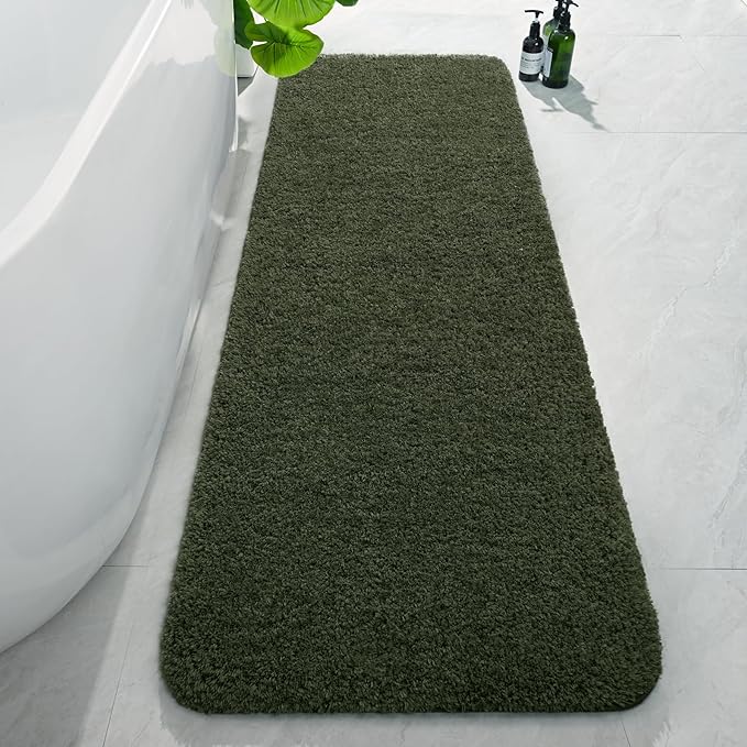 AROGAN Luxury Long Bathroom Runner Rug, 24x72 Inch Thick Soft and Absorbent Non Slip Bath Mat, Rubber Backing Quick Dry Rugs Carpets, Machine Washable Plush Mats for Shower Floor, Olive Green