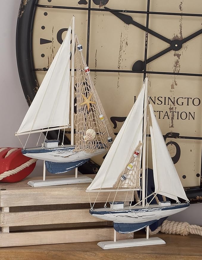 Deco 79 Wood Sail Boat Handmade Decorative Sculpture Home Decor Statues, set of 2 Accent Figurines 13" x 2" x 20", White
