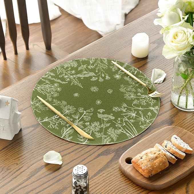 Artoid Mode Antique Herbs and Wild Flowers Spring Round Placemats Set of 4, 14 Inch Summer Round Table Mats for Dining Decoration