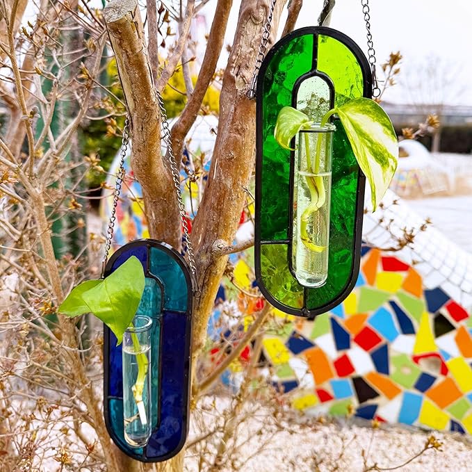 LITMIND Transparent Green Stained Glass Propagation Station - Handcrafted Suncatcher Hanging Planter with 2 Glass Tubes, Multi-Color Hydroponic Wall Décor for Windows, Home & Garden