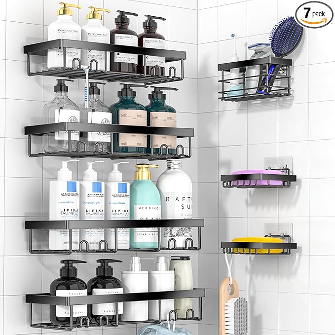 Moforoco 7 Pack Adhesive Shower Organizer Caddy Shelves Rack - Corner Bathroom Storage Organization, Home&Kitchen Decor Inside RV Accessories, Hanging House Apartment Camper Essentials
