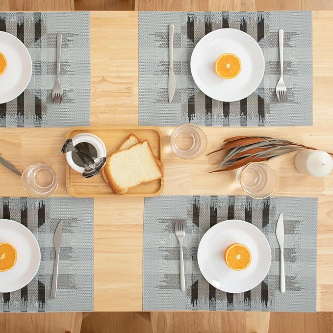 Winknowl Placemats Set of 4, Heat Resistant Stain Resistant Woven Vinyl Insulation Place mats, Durable Washable Elegant Table Mats for Kitchen Dining Table Decor (Geometric Gray)