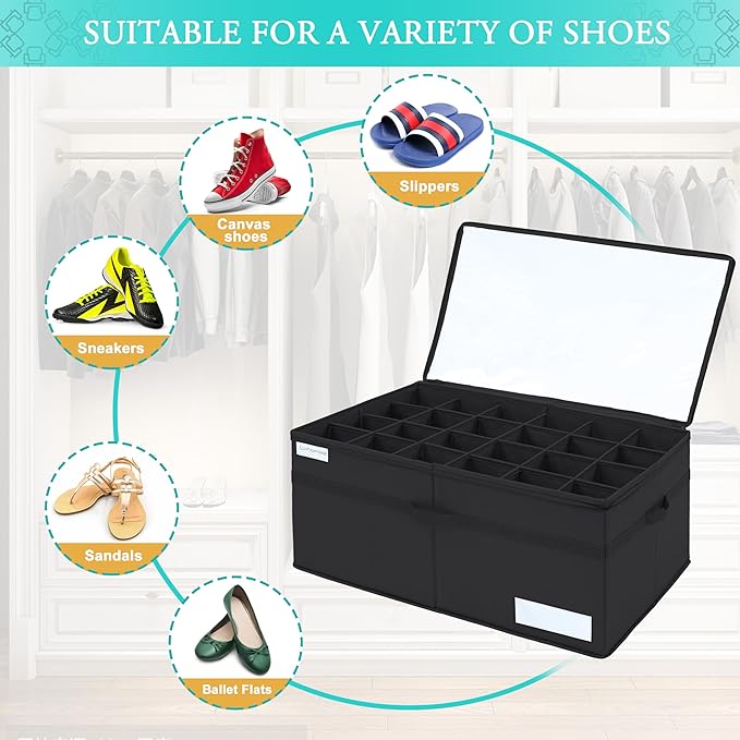 Shoe Storage Organizer, Fits 24 Pairs, Large Shoe Organizer Box for Closet, Clear Foldable Shoes Containers w/Bottom Support, Space Saving Shoe Cubby Storage Boxes w/Reinforced Handles, Black