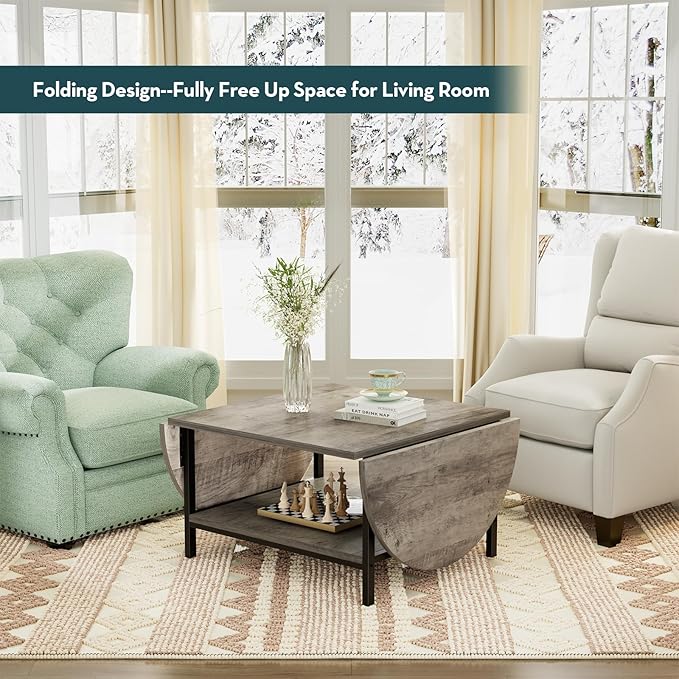 SAYGOER Coffee Tables for Living Room 2-Tier Extended Coffee Table with Storage Vintage Farmhouse Center Table for Large or Small Spaces, Foldable, Gray Wash