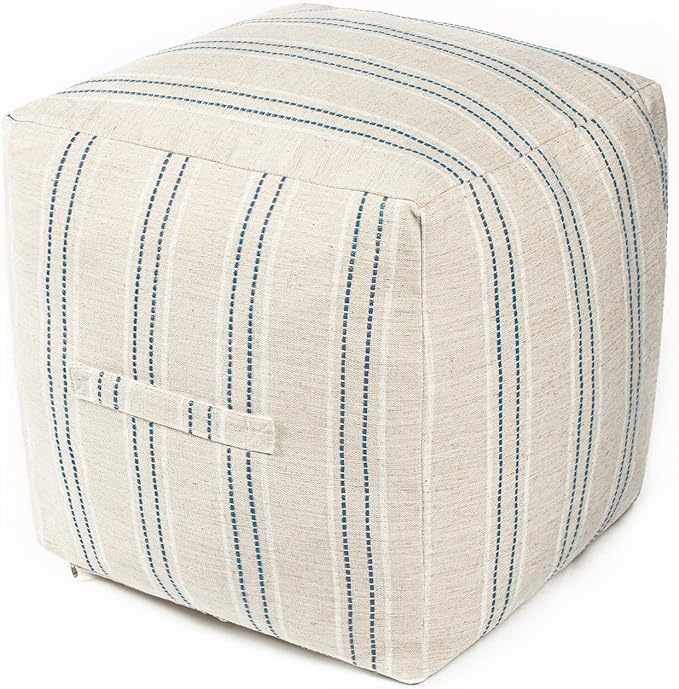 AELS Unstuffed Farmhouse Pouf Cover for Living Room, Boho Storage Bean Bag Cubes, Beige with Navy Blue Stitch Yarn Dyed Stripe Linen Square Ottoman Pouf Foot Rest Footstool, 18"x18"x18", Cover ONLY