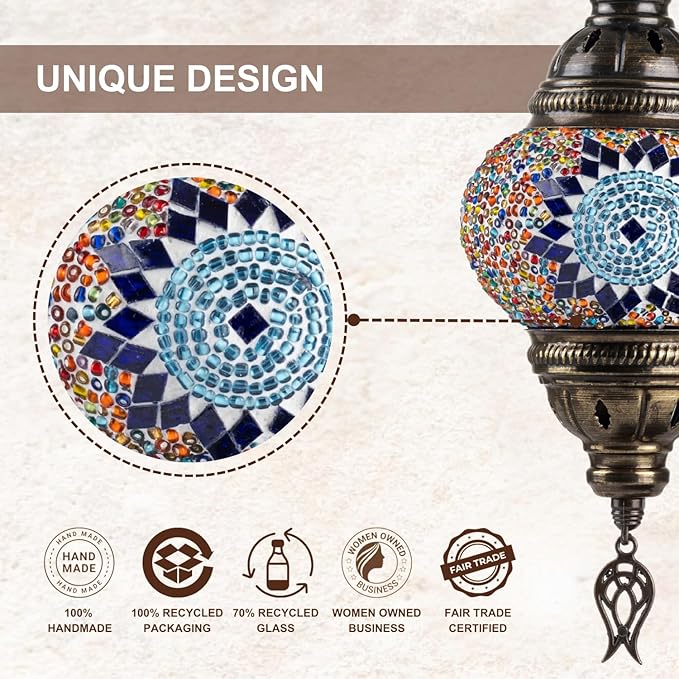 Kafthan Turkish Moroccan Mosaic Lamp – Handmade Glass Swan Neck Bedside Lamp with Antique Brass Base, Ideal Decor for Bedroom, Office, Living Room – Bulb Included (Blue & Navy Circles)