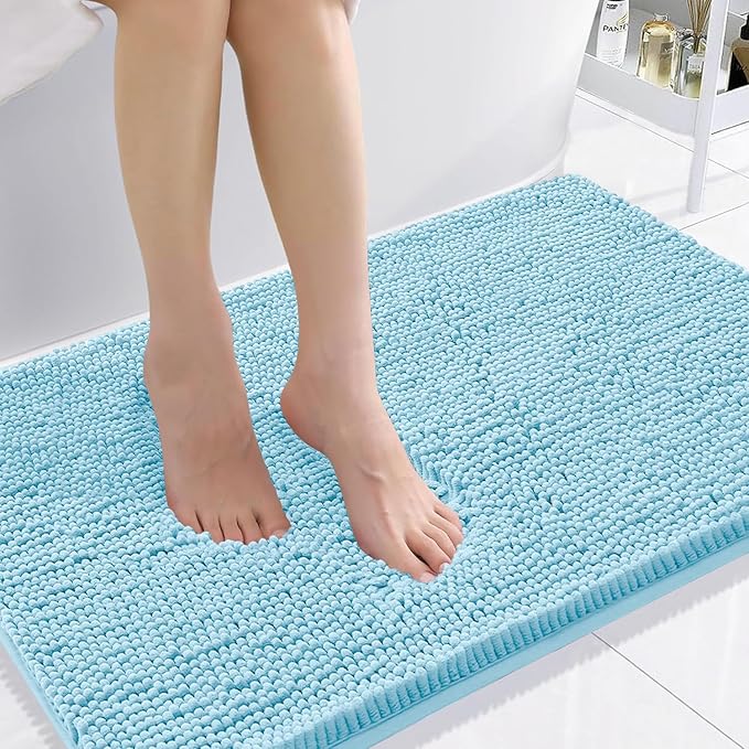Smiry Luxury Chenille Bathroom Rugs 36x24, Extra Soft and Absorbent Shaggy Bath Mat, Machine Washable, Non-Slip Plush Carpet Runner for Tub, Shower, and Floor, Home Decor Accessories, Sky Blue
