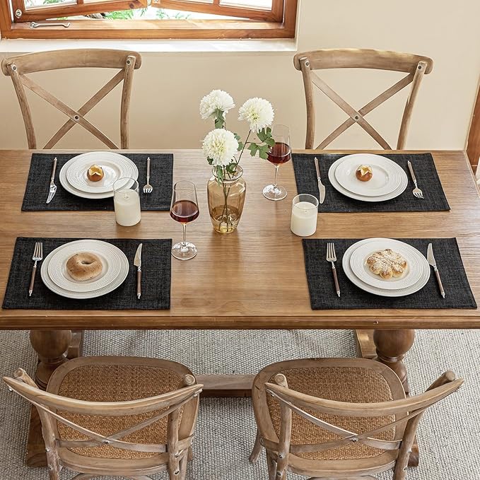 Placemats Set of 4, Dual-Layered Thickened Faux Linen Cloth Place Mats Heat Resistant Machine Washable Wrinkle Free Table Mats Indoor/Outdoor (Black)