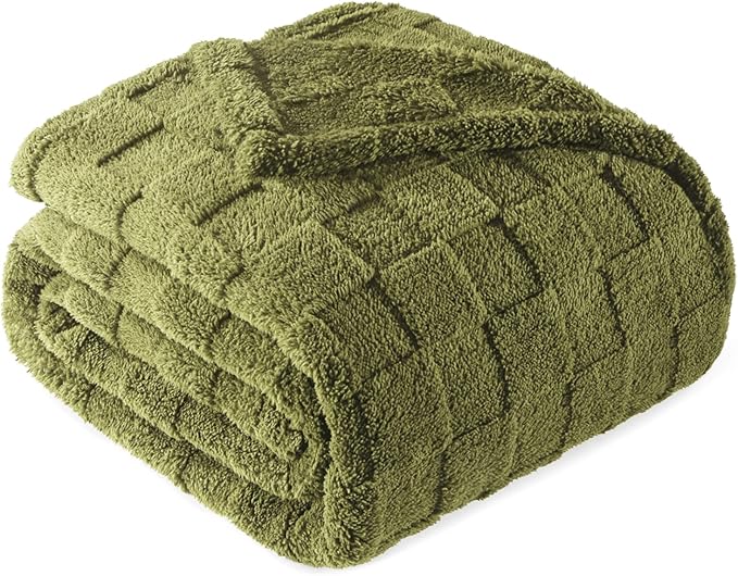 Exclusivo Mezcla Twin Size Flannel Fleece Blanket, Super Soft and Warm Lightweight Checkered Pattern Blankets for All Seasons, 60x80 Inches, Olive Green