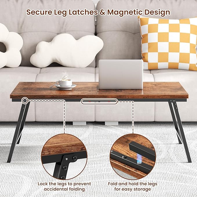Small Folding Coffee Table for Small Spaces, Leg Latches Collapsible Foldable Coffee Table Portable Sturdy, No Assembly Low Tables for Living Room (Rustic Brown, Opened Size: 31.5L"×15.75W"×14.37H")