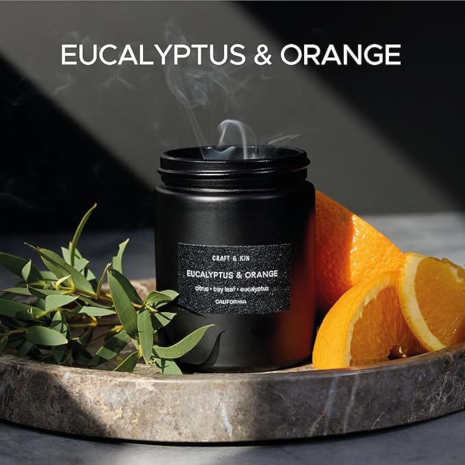 Craft & Kin Premium Orange & Eucalyptus Candle | Black Spring Scented Candles for Home | Long Lasting with 45 Hour Burn Time, 7.6oz | Made with Soy | Aromatherapy at Home | Gifts for Men