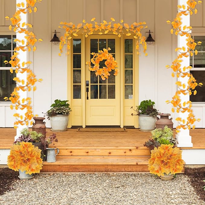RECUTMS Artificial Fall Garland Hanging Ginkgo Biloba Twigs Vines 2Pcs 5.57FT Fake Ginkgos Leaf Rattan Faux Ivy for Thanksgiving Christmas Party Wedding Indoor Outdoor Home Fence Fireplace Table Decor