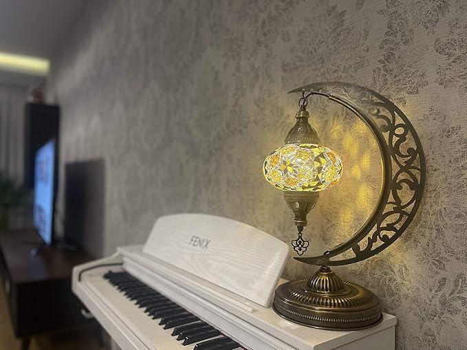 mozaist Unique Moon Shaped Mosaic Table Lamp - Moroccan Handmade Tiffany Stained Glass with US Plug and E12 Socket