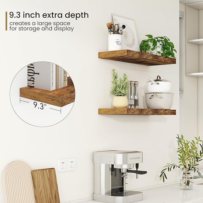 Fun Memories Floating Shelves - 2 Pack 9.3 Inch Deep Rustic Wooden Wall Shelves - Wall Mounted Storage Shelf with Invisible Brackets, 24" W x 9.3" D x 1.6" H - Brown