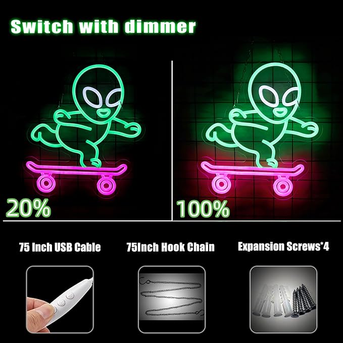 Alien Skateboard Neon Cool LED Light Up Sign For Room Wall decor Neon Alien Sign for Teen Boys Room Decor Dimmable LED Sign for Wall Art Gifts 12.6 * 14.2IN