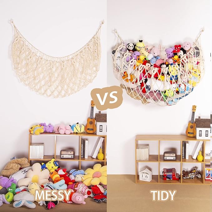 Stuffed Animal Net or Hammock Wall Hanging Net for Stuffed Animal Storage Macrame Toy Display Plush Toy Holder Soft Toy Organizer for Nursery Baby Bedroom Playroom-Cream