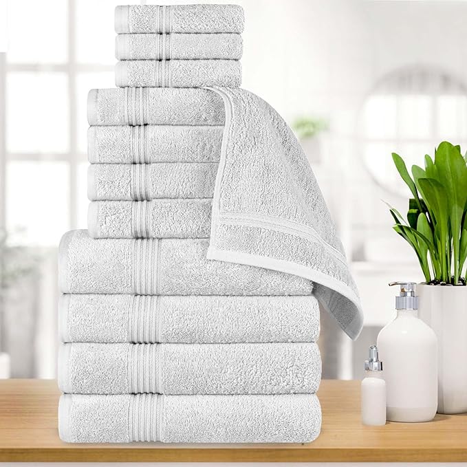 Superior Egyptian Cotton 12-Piece Towel Set, Assorted Towels for Home Bathroom, Guest Bath Decor Essentials, Includes 4 Bath, 4 Hand, 4 Face Towels/Washcloths, Quick Dry, Absorbent - Silver