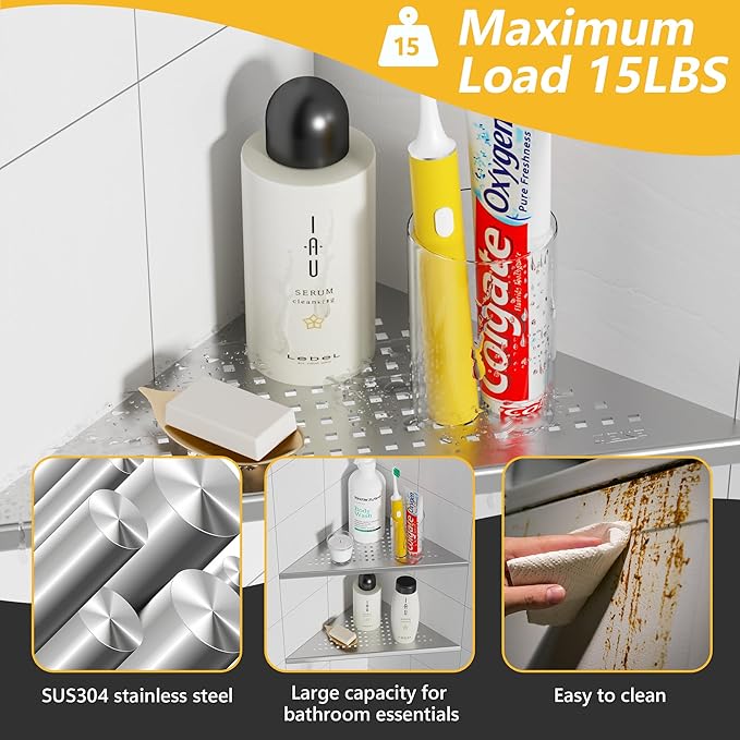 Neodrain 12 Inch Brushed Corner Wall Shelf Set of 2, Floating Corner Shelves for Wall, 304 Stainless Steel Wall Storage Shelves for Bathroom,No Drilling