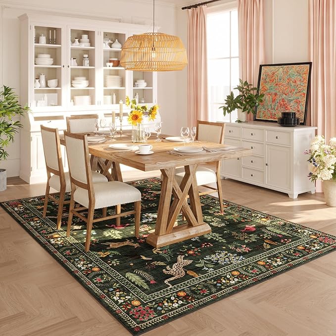 Living Room Rug 6x9 Rug Machine Washable Boho Area Rug Non Slip Floral Animal Vintage Low Pile Large Rug for Living Room, Bedroom, Farmhouse, Dining Room, Kids Playroom (Green)