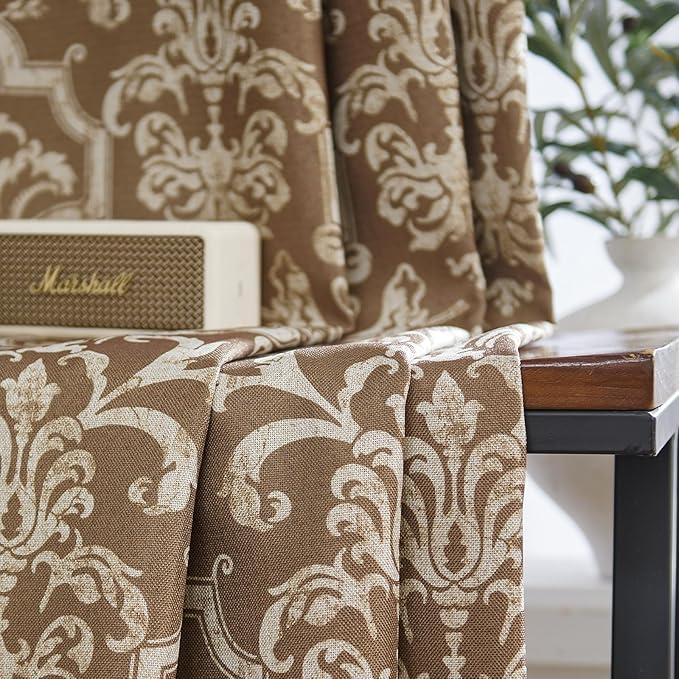 jinchan Room Darkening Curtains for Bedroom Brown Damask Patterned Curtains 63 Inch Length for Living Room Linen Textured Vintage Drapes Medallion Window Treatments Grommet Top 2 Panels Set