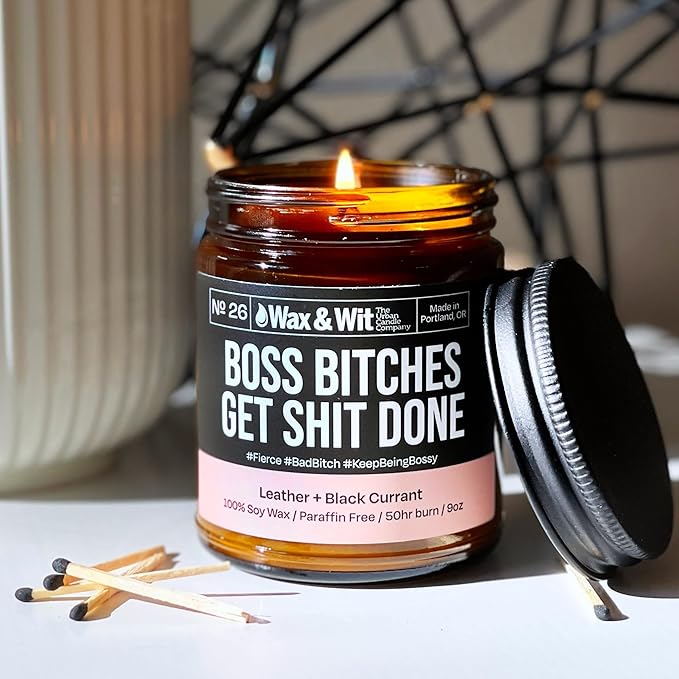 Wax & Wit Funny Soy Candle Gift for Women - Humorous, Aromatherapy Soy Wax Candle, Ideal for Housewarming, Coworker, Birthday – Leather and Black Currant - 9oz