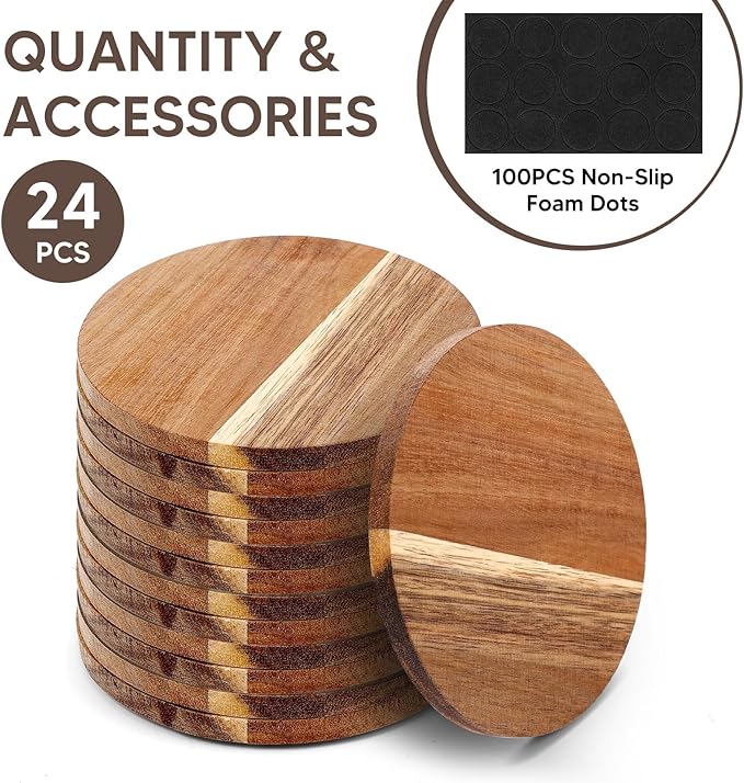 24PCS Wood Coasters Round Wooden Coasters for Drinks Coffee Table with Non-Slip Pad Acacia Cup Coasters for Coffee Home Kitchen 4 Inch Round