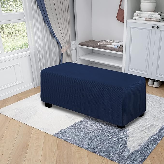 Easy-Going Stretch Ottoman Cover Folding Storage Stool Furniture Protector Soft Rectangle slipcover with Elastic Bottom(Ottoman X-Large,Navy)