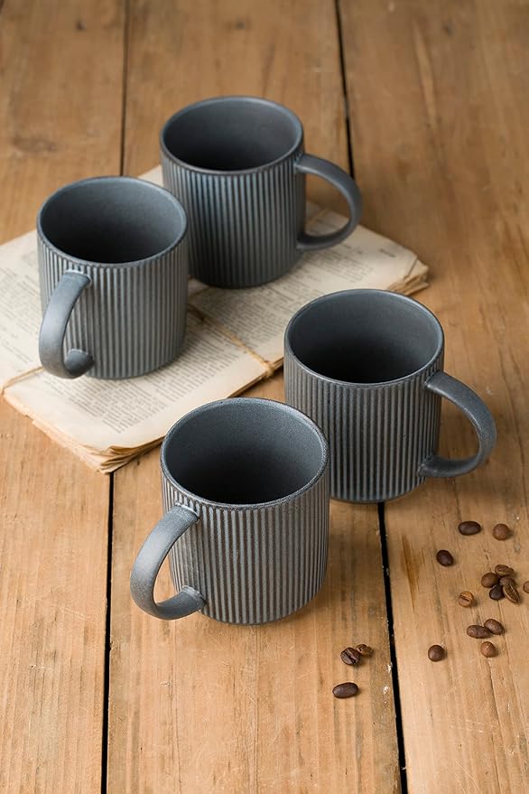 famiware Coffee Mug Set for 6, Star 12 oz Catering Mugs Cup Set with Handle for Coffee, Tea, Cocoa, Milk - Ceramic Stoneware Drinkware Set, Matte Dark Charcoal