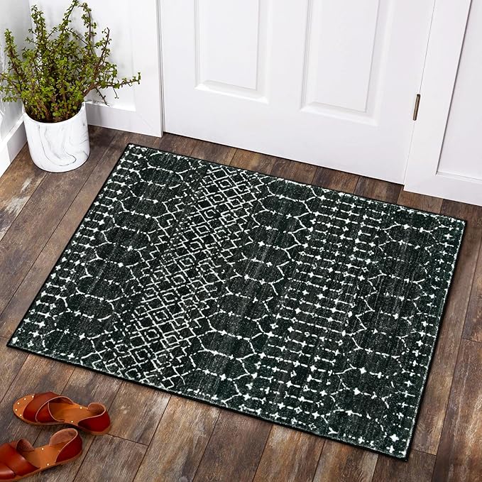 Lahome Moroccan Entry Rug 2x3, Non-Slip Washable Front Door Mat Indoor Rubber Backing Low-Profile Door Rugs, Small Geometric Print Distressed Inside Welcome Mats for Entryway Bathroom Kitchen, Black