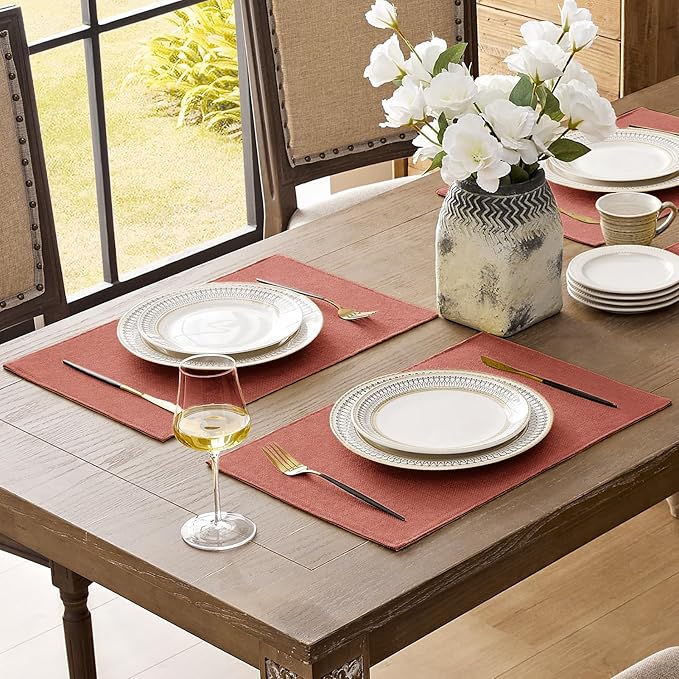 Romanstile Cloth Placemats Set of 6-12 x 18 Inch, Heat Resistant Double Layered Thickened Burlap Fall Place Mats, Washable Faux Linen Farmhouse Table Mats for Kitchen/Dining/Party/Outdoor, Orange