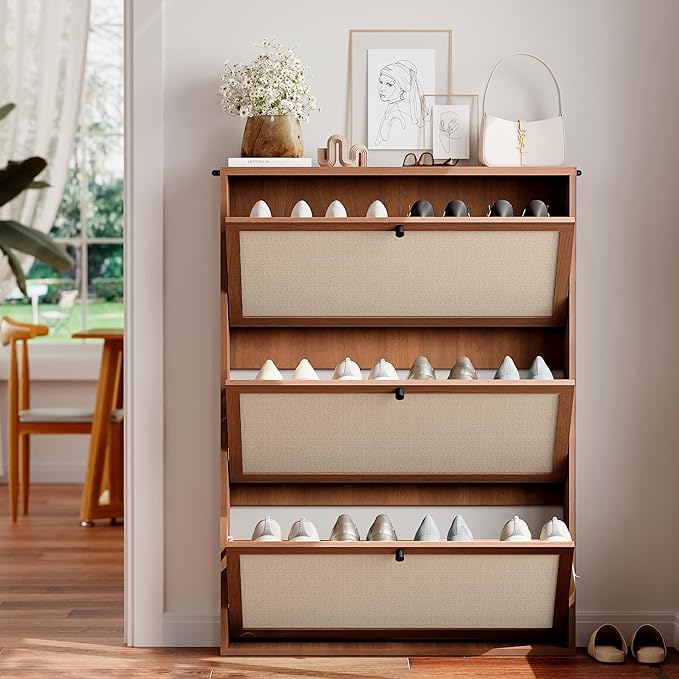 AVZEAR Narrow Shoe Storage Cabinet for Entryway with Natural Linen Panel, Freestanding Slim Shoe Cabinet with 3 Flip Drawers, Wood Shoe Organizer Closed Shoe Rack for Hallway, Living Room(Walnut)