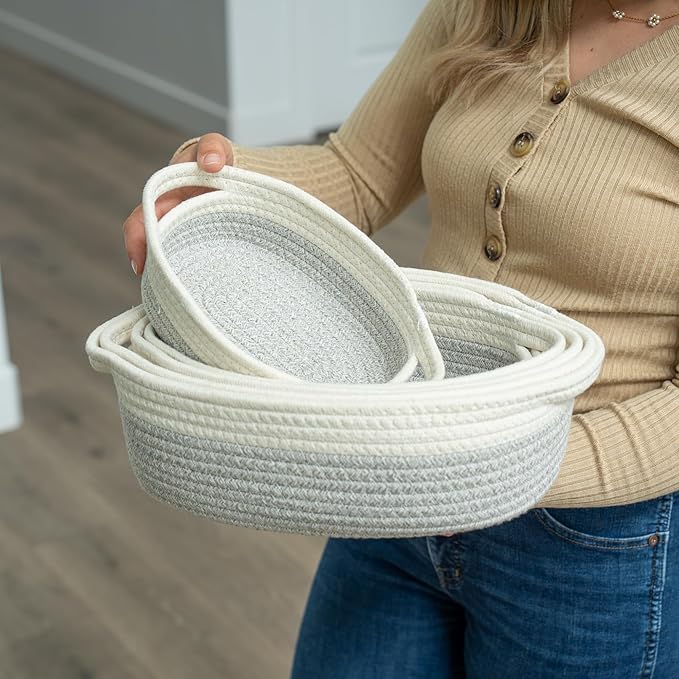 OrganiHaus Set of 5 Rectangle Bathroom Storage Baskets for Organizing, Small Woven Baskets for Storage Basket for Bathroom, Nursery Storage Basket for Baby Nursery Organization, Cute Bins, Gray/White