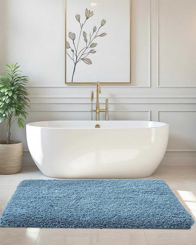 ILANGO Blue Bathroom Rugs 48" × 24" Non Slip & Super Absorbent Extra Thick Soft, Washable Bath Mat for Floor, Microfiber Plush Shaggy Bath Rug with Rubber for Bathtub Shower Room Sink
