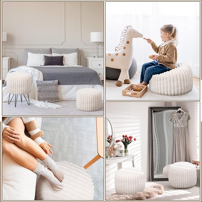2 Pcs 20 x 15 Inch Unstuffed Pouf Cover Ottoman Foot Rest - No Filler, Faux Rabbit Fur Foot Stool Floor Bean Bag Floor Chair Storage for Living Room Bedroom Home Decor(Beige)