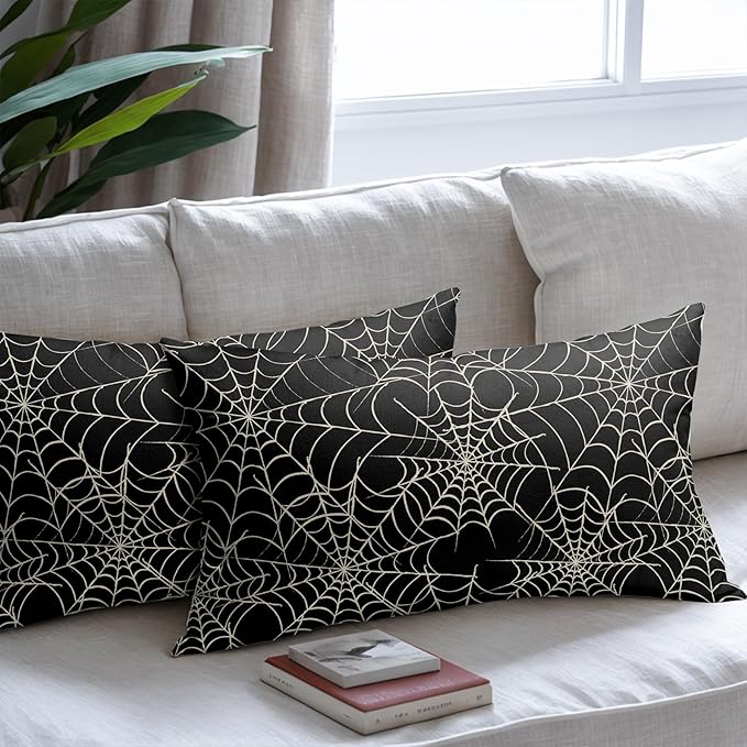 Halloween Spiderweb Pillow Covers 12x20 Set of 2 Black White Spider Web Outdoor Decorative Throw Pillows Halloween Scary Themed Farmhouse Pillowcases Linen Cushion Case Decor for Home Sofa Couch Bed