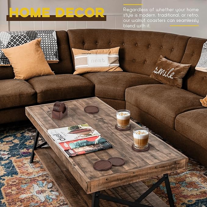 Wood Coasters with Holder, GOH DODD Set of 6 Walnut Wooden Coaster Tabletop Protection for Drinks Coffee Table Home Kitchen Office Bar Living Room Decor Housewarming Gifts Wedding Party, 3.7 Inch