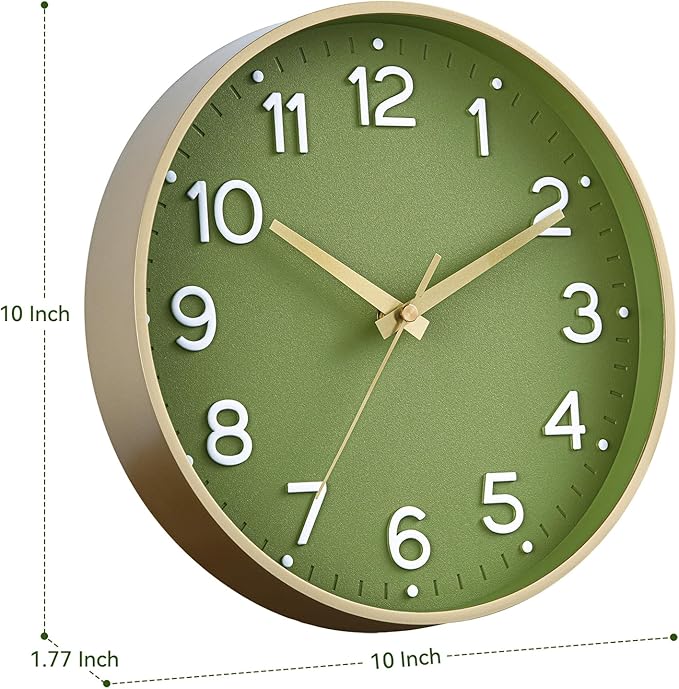 Wall Clock Green, 10 Inch Silent Wall Clocks Battery Operated-Modern Non Ticking Analog Clock Decorative for Kitchen Bedroom Office Bathroom(Gold)