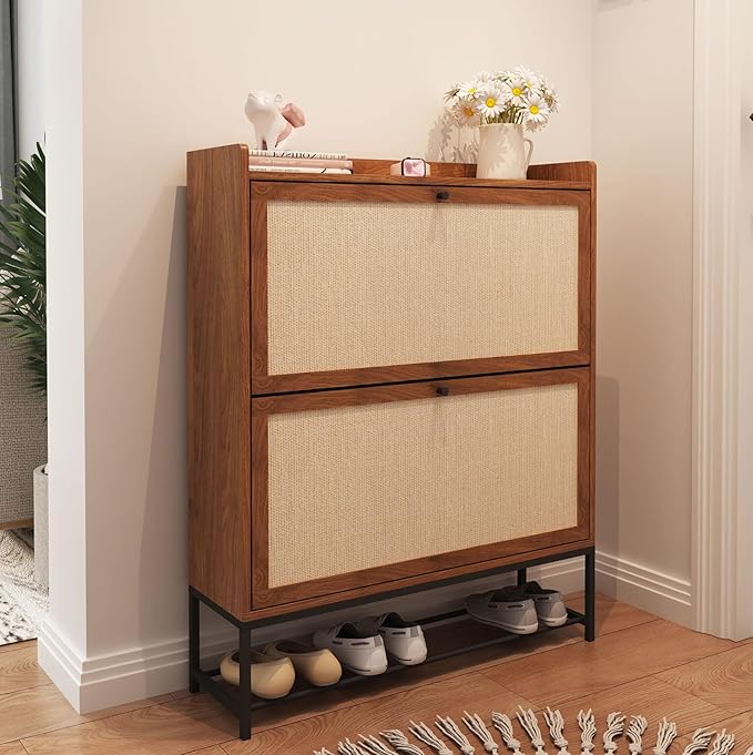 AVZEAR Freestanding Shoe Organizer with 2 Flip Drawer Doors, Entryway & Closet Shoe Storage, Linen Doors, Walnut