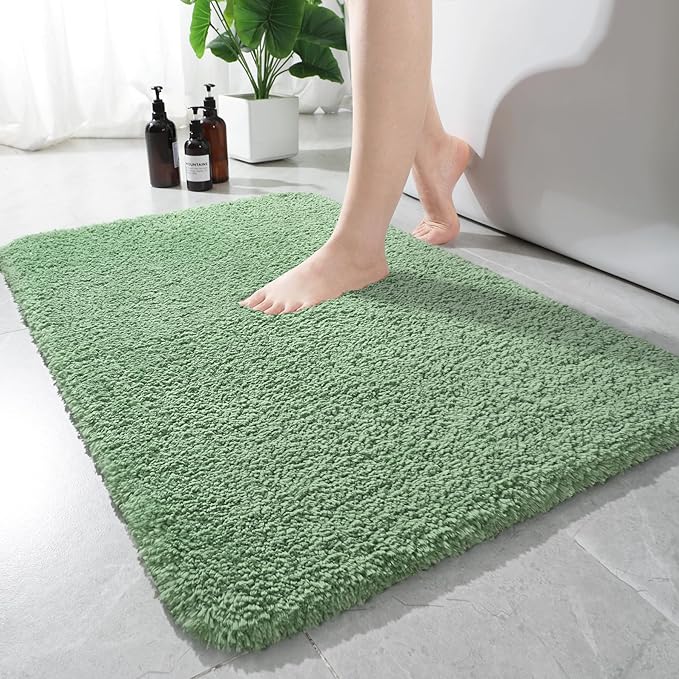 AROGAN Luxury Long Bathroom Runner Rug, 24x36 Inch Thick Soft and Absorbent Microfiber Non Slip Bath Mat, Rubber Backing Quick Dry Rugs Carpets, Machine Washable Plush Mats for Shower Floor, Green