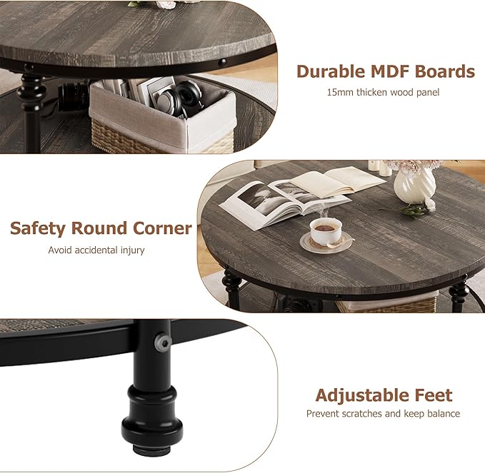 IDEALHOUSE Round Coffee Table for Living Room Rustic Center Table with Storage Shelf Wood Circle Coffee Table with Sturdy Metal Legs, Easy Assembly