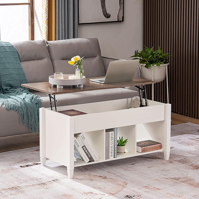 VINGLI Lift Top Coffee Table, White, with Storage Shelf/Hidden Compartment, Gas Lift Mesa De Centro para Sala Pop Up Coffee Table