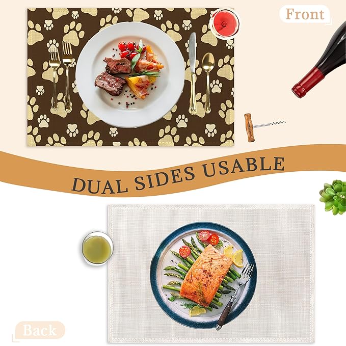 Placemats Set of 6, Cute Dog Paws Place Mats Washable Heat Resistant 12×18 Inch Linen Table Mats for Party Outdoor Dining Décor