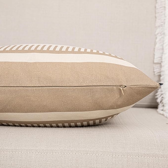 Farmhouse Decorative Throw Pillow Covers 18x18 Neutral Boho Cushion Cover Faux Leather Accent Pillowcase,Tan and Beige (Cover ONLY, Pack of 2)