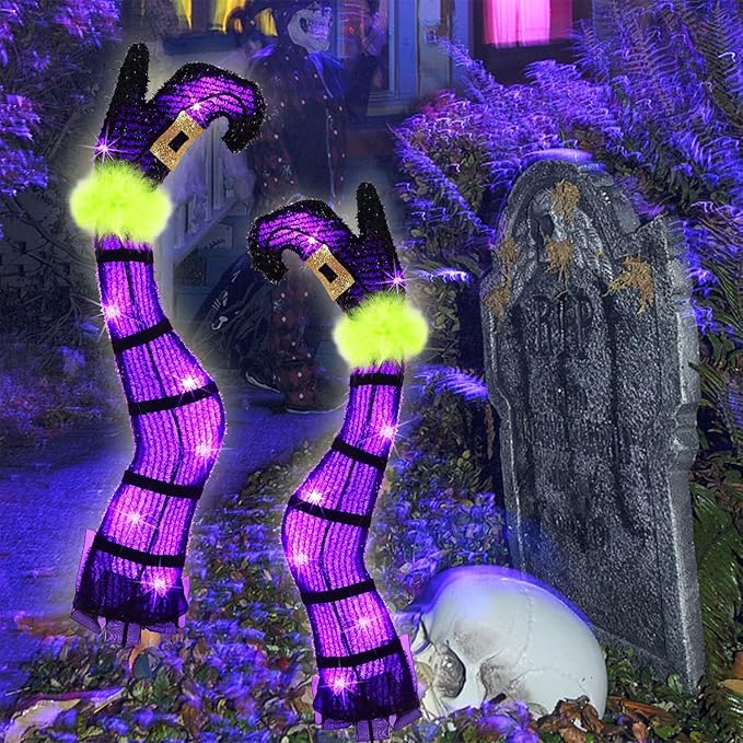 Juegoal Set of 2 Halloween Lighted Wicked Purple Witch Legs with Stakes, 22" Light Up Tinsel Halloween Yard Sign Prop Timer & 8 Modes, Battery Operated for Outdoor Party Haunted House Garden Decor