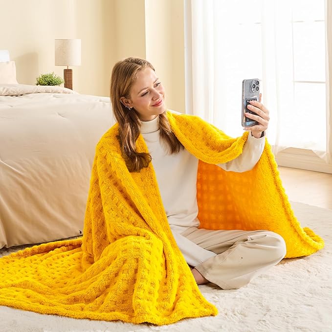 NEWCOSPLAY Super Soft King Blanket Yellow Premium Silky Flannel Fleece 3D Waffle Checkered Lightweight Bed Blanket All Season Use (Mustard Yellow, King(90"x110"))