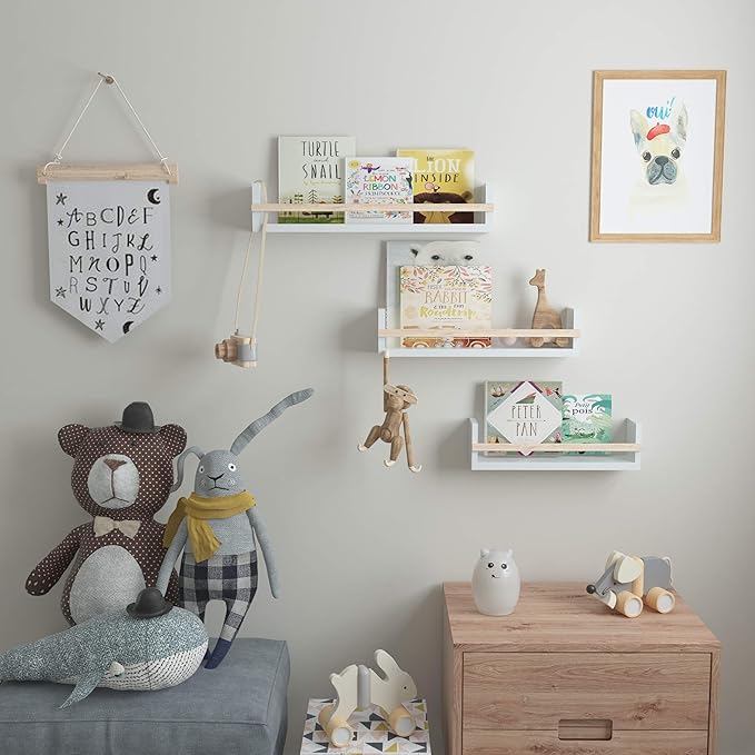 Wallniture Utah Wall Mount Nursery Décor Kids Bookshelf Floating Wall Shelves Book Photo Display Long Varying Sizes Set of 3, White