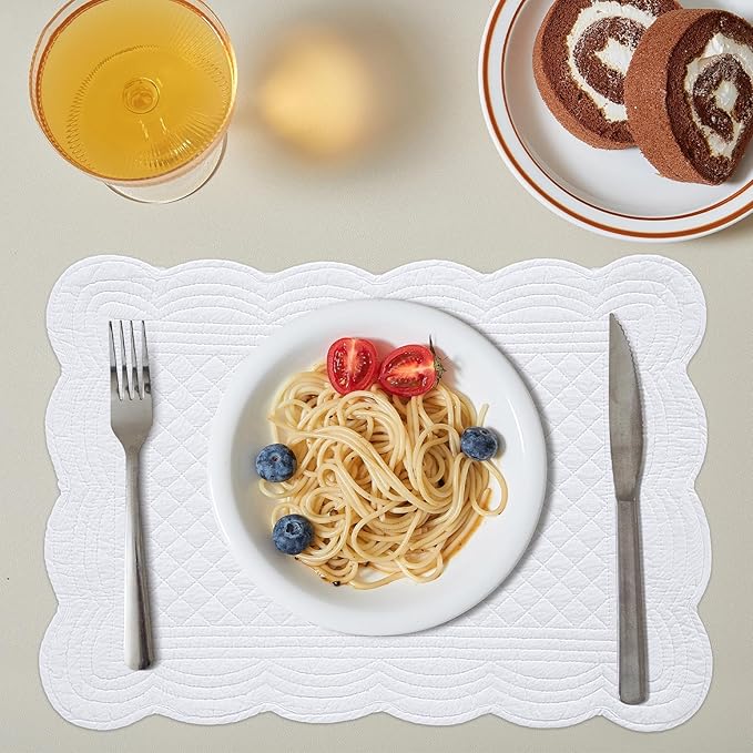 HOMBYS Quilted Placemats Set of 6 Washable-13x18 inches Rectangular Placemats for Kitchen Table-100% Cotton Fabric Rectangular Table Mats, (Pure White)