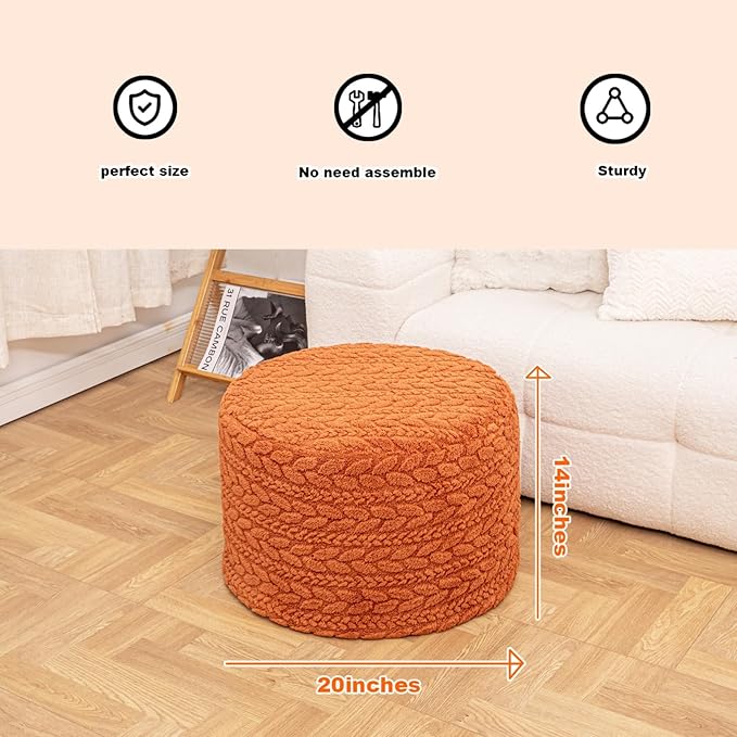 Round Pouf Ottoman 20 x 20 x 14 Inches Boho Poof Home Decor Floor Pouffe Ottoman Foot Rest for Couch Sofa Bean Bag Chairs Living Room Bedroom (Burnt Orange)